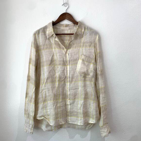 CP SHADES Top 100% Linen Button Front Women Medium Jay Shirt Roll Tab Soft Plaid - Picture 1 of 11